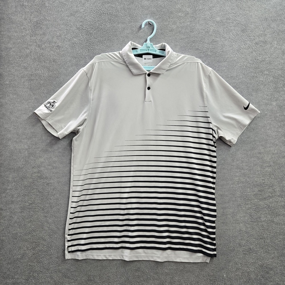 Nike Men Polo L White Striped Vapor Swoosh Logo Dri Fit Golf Short Sleeve - Picture 1 of 11